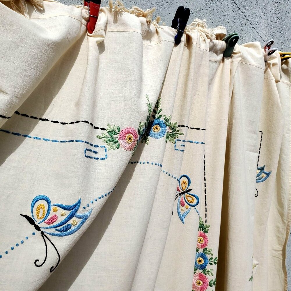 Antique Embroidered Ecru Bedspread 1923 Bucilla Double Bed Flowers Butterflies